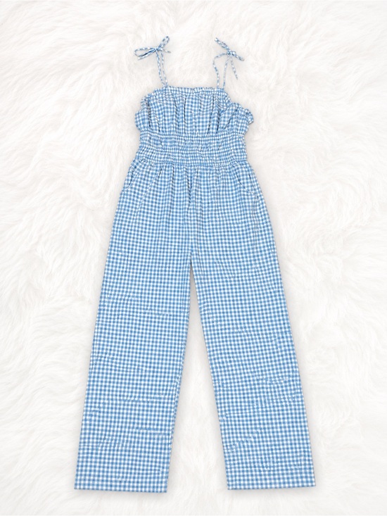 Sincerly Jules Pants - Sincerely Jules XL Blue Gingham Smocked Jumpsuit Wide Leg Pockets Cottagecore
